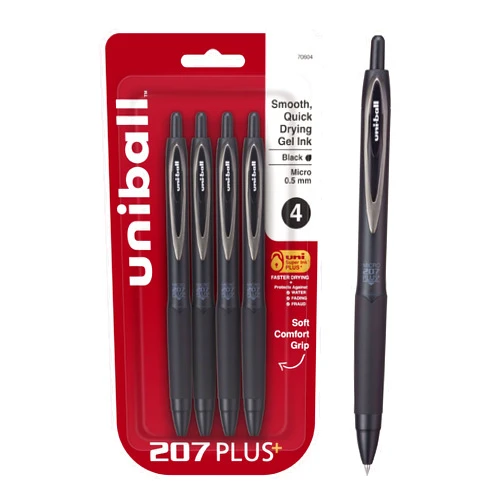 Uni-Ball Uniball 207+ Black Retractable Gel Pens 4 Pack with Micro 0.5mm Points, Uni-Ball Click Pens are Fraud Proof and the Best Office Pens, Nursing Pens, Business Pens, School Pens, and Bible Pens