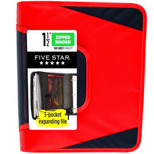 Five Star Zipper Binder, 1-1/2 Inch 3-Ring Binder for School, 3 Pocket Expanding File, 500 Sheet Capacity, Red (72206)