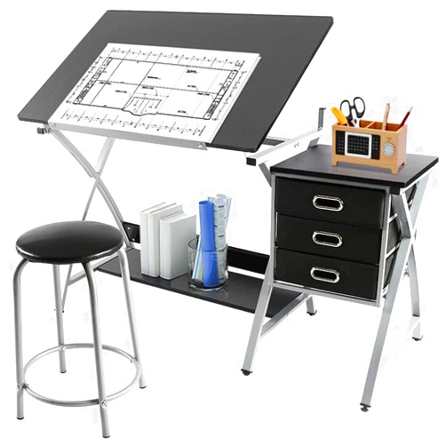 Yaheetech Drafting Desk, Drawing Table for Artists/Adults, Art Desk w/Stool and 3 Slide Drawers, Painting Studio Design Work Station, Adjustable Tabletop, Modern, 50.5 x 24 x 45 inch
