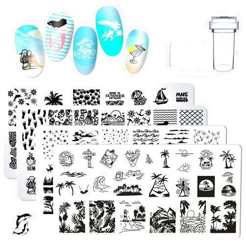 NSSHEL 4 Pcs Summer Nail Stamp Template Kit with 1 Stamper 1 Scraper Nail Stamping Plates Dolphin Starfish Coconut Leaf Nail Art Templates Nail Stamper Stencil Plates Set Manicure Nail Supplies