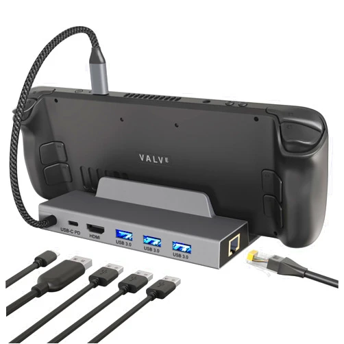 Henrety Docking Station for Steam Deck, 6-in-1 USB C Hub with HDMI 2.0 4K@60Hz, Gigabit Ethernet, 3 USB-A 3.0 and Full Speed Charging USB-C Port Compatible with Valve Steam Deck Gray