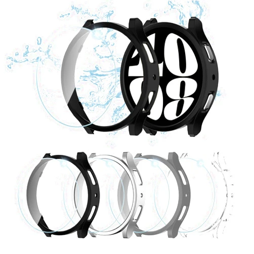 Cuteey [4+4 Pack] for Galaxy Watch 6 Screen Protector Case 44mm Accessories, Hard PC Bumper Cover with Anti-Fog Tempered Glass Protective Film for Galaxy Watch 6 44mm,Black/Sivler/Grey/Clear
