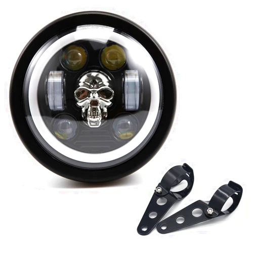 BENEALL Motorcycle Headlight 5.75 inch Round LED with Mounting Brackets Assembly, Front Headlamp with DRL High/Low Beam for Cafe Racer E-bike Bobber Chopper (style D)