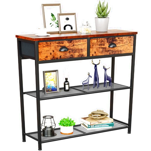 Furologee Console Sofa Table with Storage Shelf for Entry Way, Small 30'' Entryway Table with 2 Fabric Drawers, Industrial Display Shelves for Hallway, Entrance, Foyer, Rustic Brown