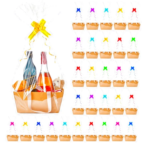 Tuanse 30 Pcs Basket for Gift Empty DIY Bulk Gift Basket Kit with Handle Kraft Cardboard Tray with 30 Bag 30 Bow Market Tray for Birthday Wedding Party Gift(Brown,12.6 x 9.8 x 5.9 in)