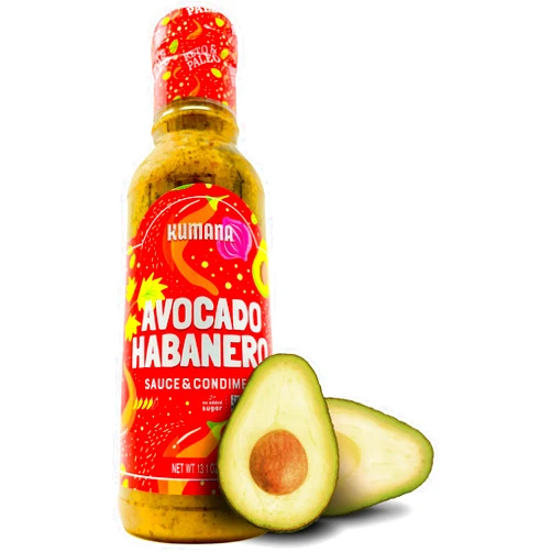 Kumana Avocado Hot Sauce, Habanero. A Keto Friendly Hot Sauce made with Ripe Avocados and Habanero Peppers. Low Carb, Gluten Free, Ketogenic and Vegan. 13 Oz Bottle. 13.1 Oz