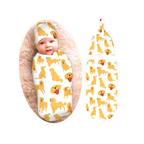 Osvbs Golden Retriever Dogs Baby Stuff Newborn Swaddle Blanket with Beanie Set, Soft and Stretchy Baby Blanket Swaddle Wraps Sack for Boy and Girl