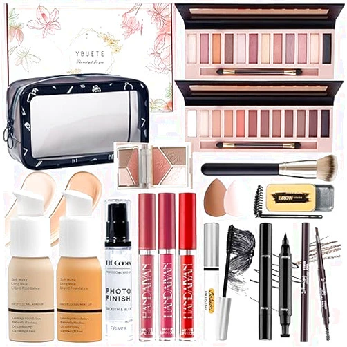 YBUETE Makeup Set Kit for Women Full Kit, Makeup Gift for Makeup Beginner, Eyeshadow Foundation Face Primer Brush 3 in 1 Palette Lip Gloss, Eyebrow Soap Mascara Eyeliner cosmetic bag