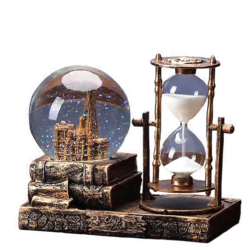 IDORTYBB LED Music Snow Globe with Hourglass Vintage Castle Paris Eiffel Tower Home Decoration for Living Room Bedroom Book Shelf TV Cabinet Desk Table Top Decor Centerpieces Ornaments (A - Brass)