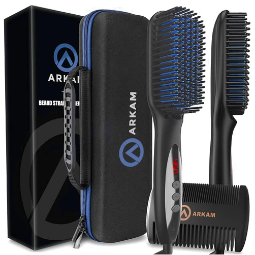 Arkam Beard Straightener for Men -Premium Heated Beard Brush Kit w/Anti-Scald Feature, Dual Action Hair Comb and Hard Shell Travel Case for Medium to Long Beards - Costume and Grooming Gifts for Men