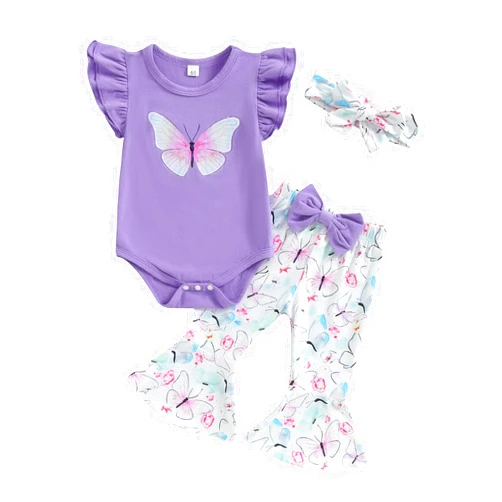 Bonangber Newborn Baby Girl Clothes Butterfly Print Fly Sleeve Romper Onesie Bell Bottoms 3Pcs Set Infant Summer Clothes