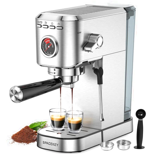 Spacekey Espresso Machine 20 Bar, Professional 1350W Espresso Maker with Milk Frother, Compact Stainless Steel Cappuccino & Latte & Americano Maker with 39oz Removable Water Tank, Silver