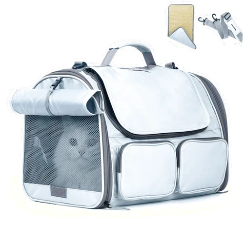 FUKUMARU Cat Carrier, Soft-Sided Small Dog Carrier, Large Cat Travel Bag with 4 Mesh Windows, Under 15 lb Airline Approved Pet Carrier with 4 Storage Pockets, Rollable Cover for Nervous Cats, Grey