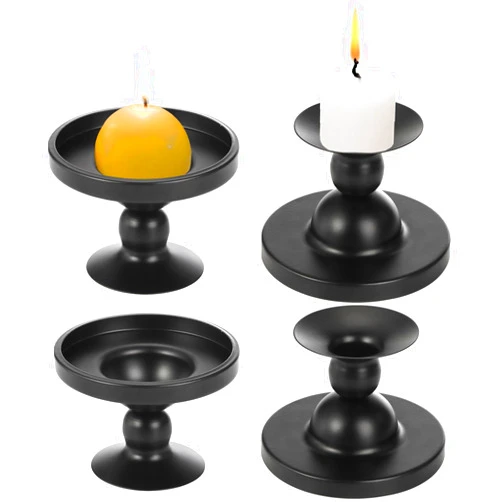 Foraineam 4 Pack Metal Candle Holder, Black Candlestick Holders for Taper Pillar Candle, Short Taper Candle Holder Iron Pillar Candle Holder Candlelight Stand for Wedding Party Home Holiday Décor