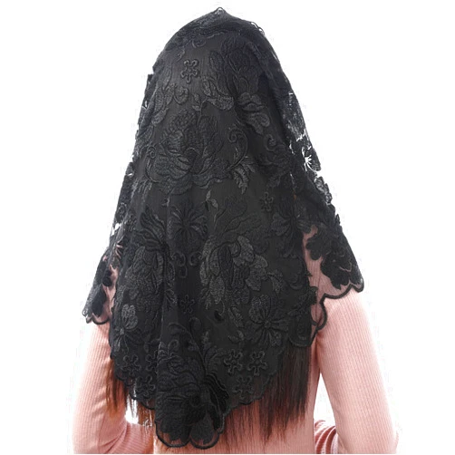 Bozidol Women's Catholic Mass Mantilla Veils - Peony Embroidery Spanish Style Triangle Head Covering Lace Veils for Church