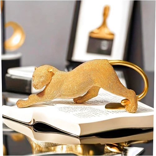 IWUTEFET Elegant Gold Beaded Leopard Sculpture Art Alphabet Animal Statue - Fashionable Theme Decorative Statue for Living Room, Office, Special Occasions, Perfect for Christmas, Thanksgiving, Valentine's Day