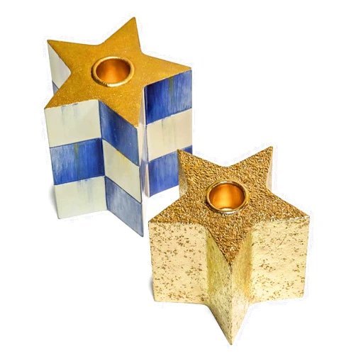MacKenzie-Childs Royal Check Star Candle Holders - Set of 2, Blue, White, Gold