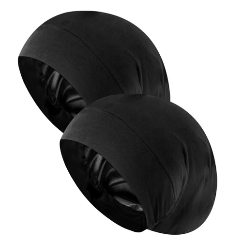 MoHern 2 PCS Satin Lined Bonnet for Curly Hair, Hair Bonnet for Sleeping, Sleep Caps for Women and Men, Stay On All Night Wrap with Adjustable Strap, Black