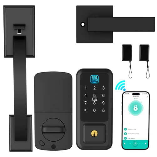 Hunnay WiFi Front Door Lock Set, Keyless Entry Door Lock Deadbolt with Handle Set, Smart Locks for Front Door, Keypad Door Lock, Digital Fingerprint Lock APP Control Bluetooth Alexa Auto Lock, Black