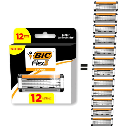 BIC Flex 5 Refillable Refill Razor Cartridges for Men, Long-Blade Razors for a Smooth and Comfortable Shave, 12 Refill Cartridges