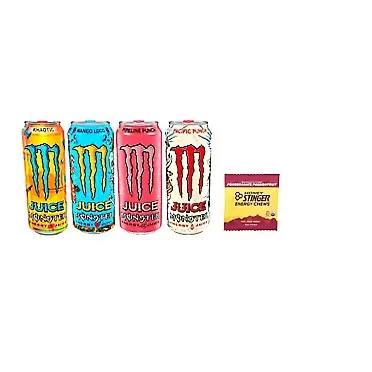 Custom Variety Pack by Energy Drink Outlet Monster Energy Juice Variety - Pipeline Punch, Khaotic, Mango Loco, Pacific Punch 16fl.oz (Pack of 8) + Stinger Chews