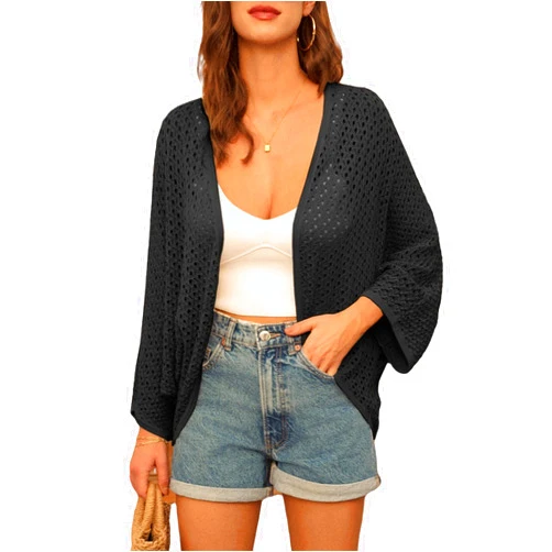 GRACE KARIN Open Front 3/4 Sleeve Batwing Cardigan for Women Lightweight Crochet Summer Cardigan Hollow-out Cover Ups