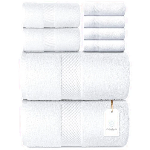 White Classic Luxury White Bath Towel Set of 8 Pieces - 100% Combed Cotton Hotel Quality Highly Absorbent Towels for Bathroom, 2 Luxury Bath Towels 700GSM, 2 Hand Towels, 4 Washcloths, [Worth $72.95], 8 Pcs, White