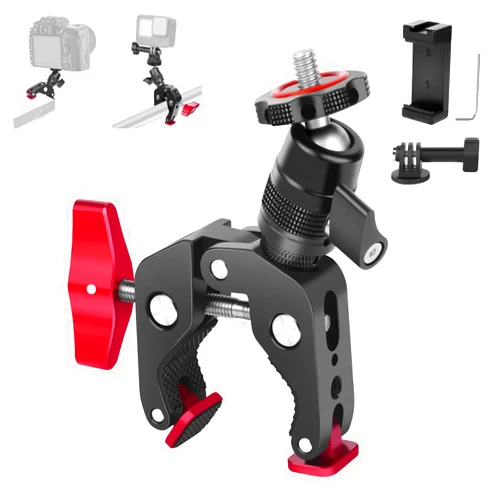 Mechrig Super Clamp Camera Mount with Mini Ball Head, Aluminum Bike/Motorcycle Handlebar Mount for Go Pro/Insta360/DJI Action Camera, Desk & Tube Crab Clamp for DSLR/Monitor/Light/Mic (SY011)