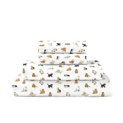 Brielle Home Flannel Sheet Set Cotton Soft Warm & Cozy Modern Chic with Elastic Deep Pockets, King, Cats
