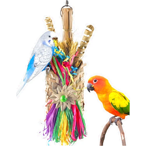 Bissap Bird Chew Toys, Parrot Foraging Shredder Natural Palm Frond Woven Bag Hanging Cage Toy with Chewing Treats for Conure Budgie Cockatiel Cockatoos and Similar Sized Pet Birds