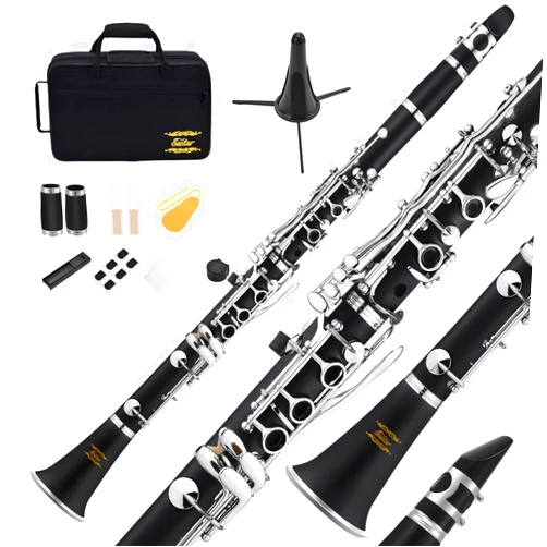 Eastar B Flat Clarinet for Beginner, Ebonite Clarinet Nickel-plated with 2 Barrels, 3 Reeds, White Gloves, Hard Case, Cleaning Kt, ECL-300