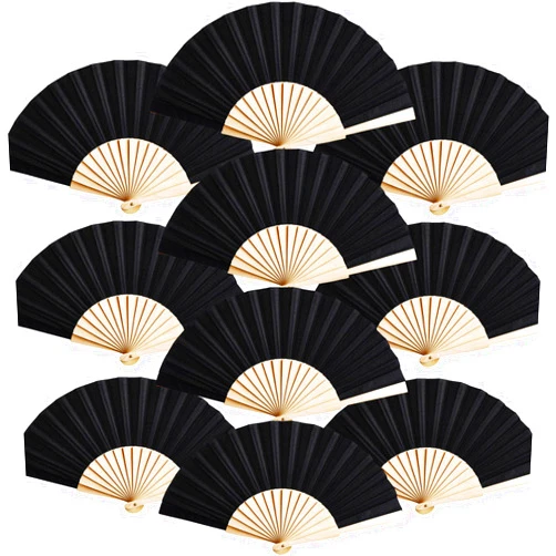 Chuangdi 10 Pieces Wooden Folding Fan Fabric Hand Fans for Women Foldable Folding Fan Bridal Dancing Folded Fan for Church Wedding Gift Dance Performances Cooling Fashion Summer Accessory(Black)