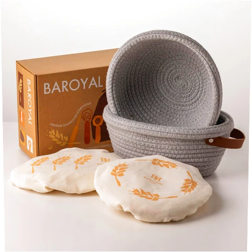 BARoyal Crispier Crust Cotton Rope Banneton Bread Proofing Basket Set, Oval & Round Bread Baskets with Liners & Covers for Artisan Bread Baking, Sourdough Bread Baking Supplies(Gray)