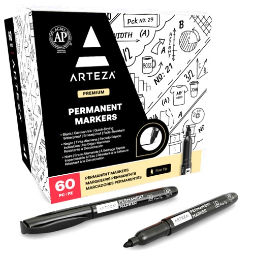ARTEZA Permanent Markers Black, Bulk Set of 60, Fine Tip, Waterproof