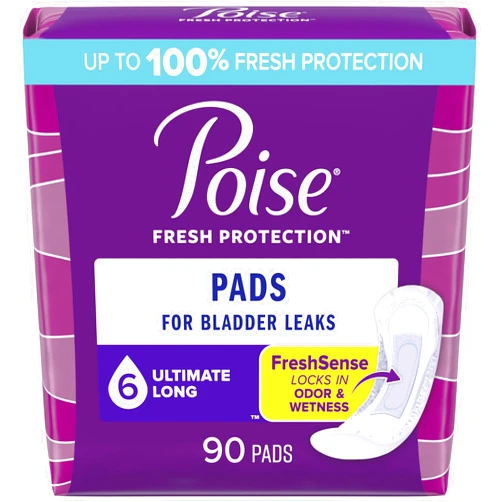 Poise Incontinence Pads & Postpartum Incontinence Pads, 6 Drop Ultimate Absorbency, Long Length, 90 Count, Packaging May Vary