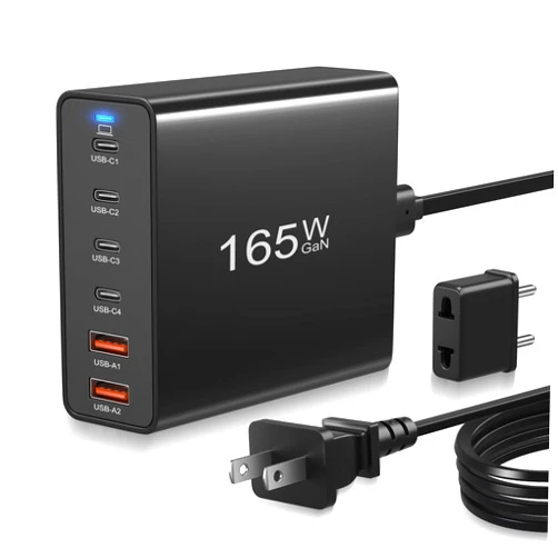 Agtray USB C Charger 165W, Agtray 6-Port GaN Fast Charging Station with 4 USB-C+2 USB-A Multiport Desktop Hub Travel Adapter, 65W USB-C Compatible MacBook Pro/Air, iPad, iPhone, GalaxyS23(with EU Plug,Black)