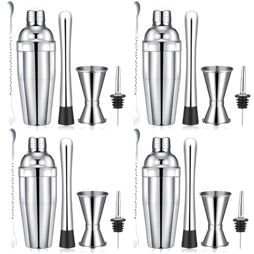 Nitial 24 Pcs Cocktail Shaker Set Include 4 Pcs 25oz Stainless Steel Martini Shaker, 4 Measuring Jigger, 4 Mixing Spoon, 4 Muddlers, 8 Liquor Pourer for Home Use Party Wine Shaker Mixing Tool