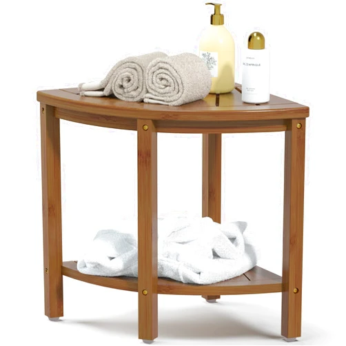 Bamfan Bamboo Corner Shower Bench Waterproof Stool with Space-Efficient Storage Shelf - Shower Stool Seat for Indoor or Outdoor Use(Walnut)