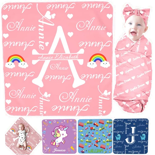 PFTPOW Personalized Swaddle Blanket Baby Boy Girl with Bow Headband and Hat Set Custom Baby Blanket with Name Customized Baby Gifts