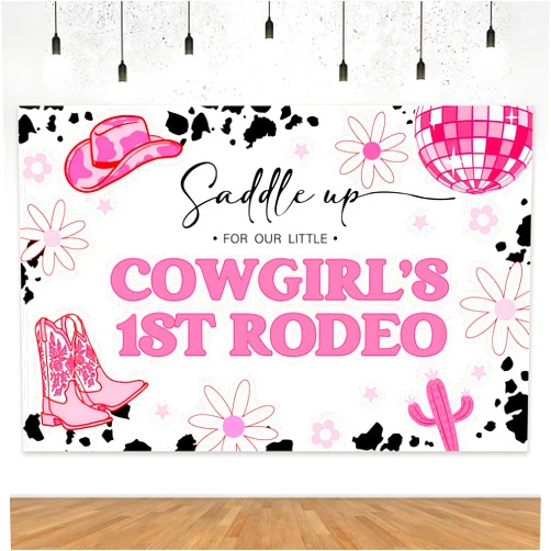 Merrystorm 5x3ft Disco Cowgirl 1st Birthday Backdrop Groovy Western Cowgirl Photography Background Cloth Saddle up for Our Little Cowgirls 1st Rodeo Backdrop for Grils Wild West Photo Booth Props 1st Birthday