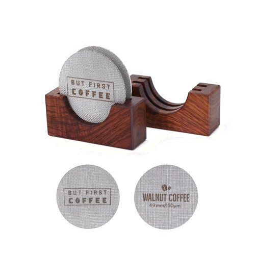 WALNUT COFFEE 2Packs 49mm Espresso Puck Screen | Handmade Walnut Stand | 1.7mm Thickness 150μm 316 Stainless Steel