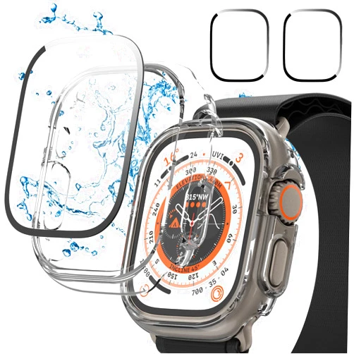Cuteey [2+2] Pack Case for Apple Watch Ultra 2 49mm Screen Protector, Cuteey Waterproof Separate No Foggy Tempered Glass Screen Protector with Hard PC Cover Bumper for iWatch Ultra Accessories Clear+Clear