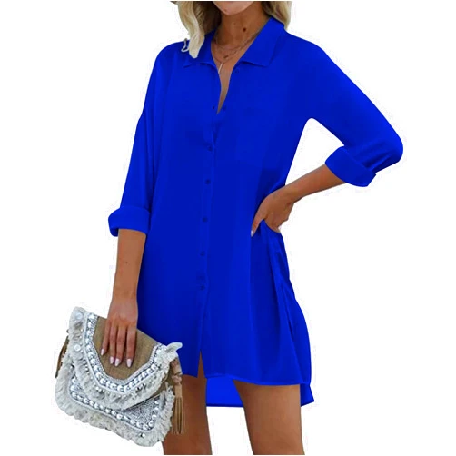 Ekouaer Women's Beach Bikini Cover-up Long Roll-up Sleeve Beach Shirt Bathing Suit Cover Up