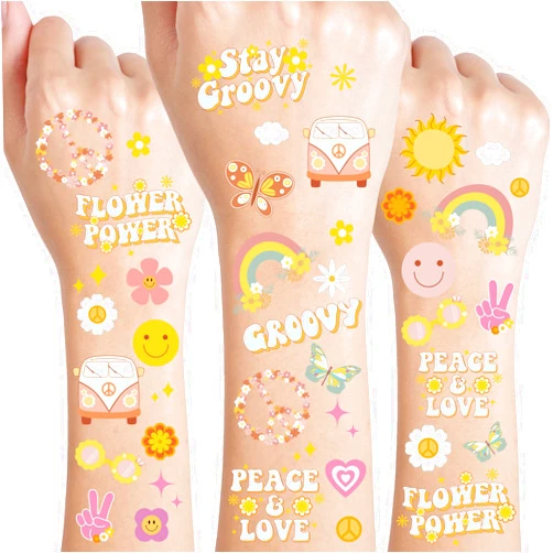 Crazy Night Groovy 70s Temporary Tattoos - 132 Styles | Flower Power Birthday Party Supplies, Good Vibes Smiley Favors, Hippie Party Accessories