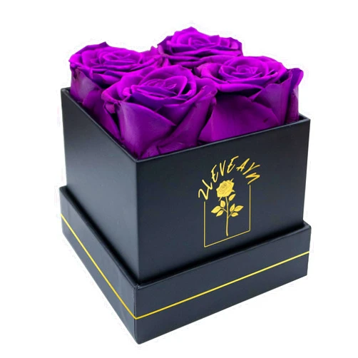 ZLEVEAYN 4 Pcs Fresh Preserved Roses in a Box Forever Real Flowers Birthday Valentine's Day Gifts Eternal Love for Her Women Mom(Purple, Black Box)