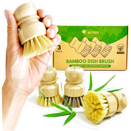 AIRNEX Bamboo Dish Brush Set of 3, 100% Plant-Based Kitchen Dish Brush Bamboo with Sisal and Coconut Bristles, 2 Brush Types, No Scratch Wood Sish Scrub Brush for Dishes, Quick-Drying, Odor Free