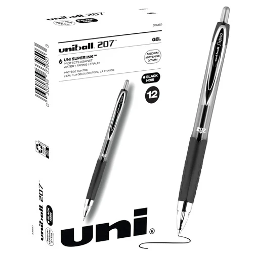 uni-ball 207 Retractable Gel Pens Medium Point, 0.7mm, Black, 12 Pack