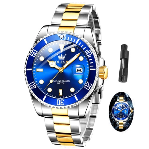 OLEVS Men Watch,Big Dial Watches for Men Stainless Steel Watch with Day Waterproof Analog Quartz Watches for Man Classic Business Wristwatch Luxury Luminous Round for Men Rotatable Bezel Watch
