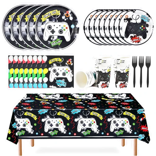 WERNNSAI Watercolor Video Game Party Tableware Set - 130 PCS Gaming Party Supplies for Boys Game Lovers Birthday Disposable Plates Cups Napkins Tablecloth Cutlery Bags Utensils Serves 16 Guests
