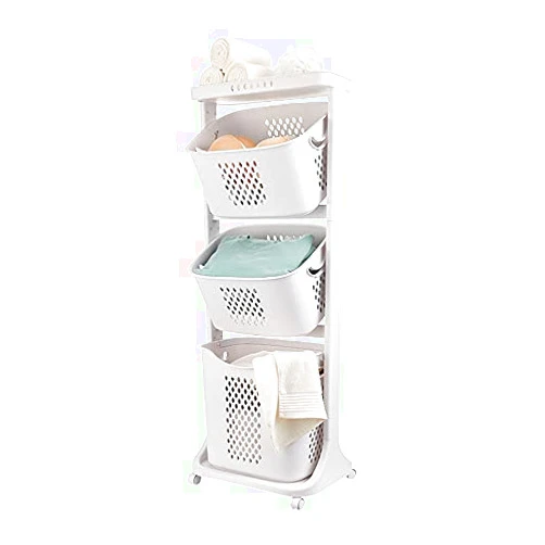 KONKENIE 3 Layers Laundry Hamper Basket Sorter Washing Hamper with 4 Wheels Rolling Clothes Bin Trolley Basket Clothes Storage Organizer 3 Tier Shelf Rolling Cart for Bathrooms Bedrooms White